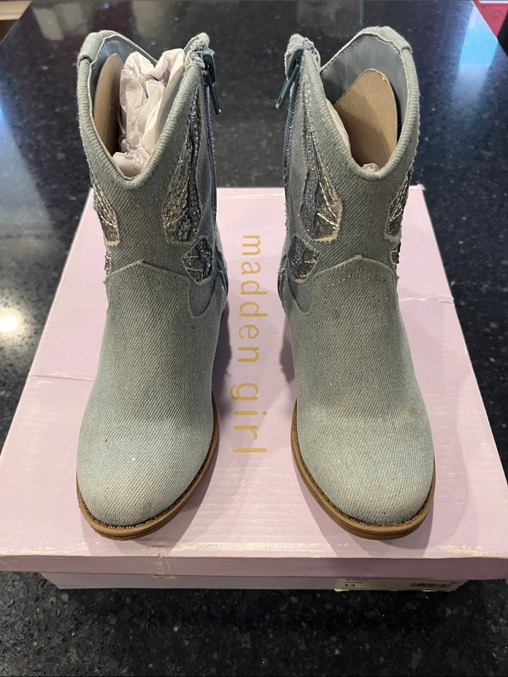 Madden Girl Light Blue Denim Kids Western Boots with Glitter Trim